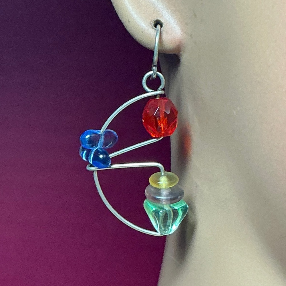 Kinetic Sculpture / Design Dangle Earrings. Stainless Steel. 1.75 inches long